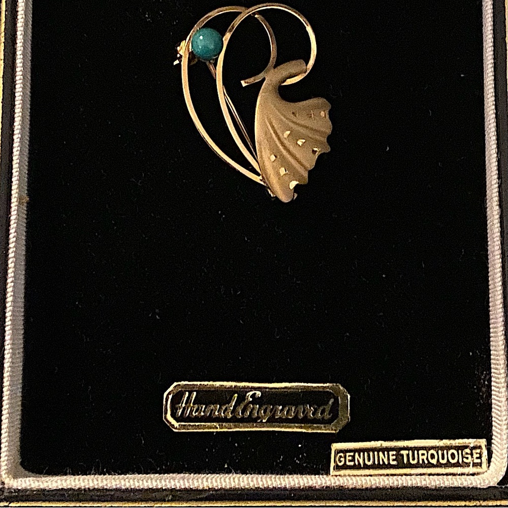Estate Sale- Hand engraved Real Turquoise Gold Brooch